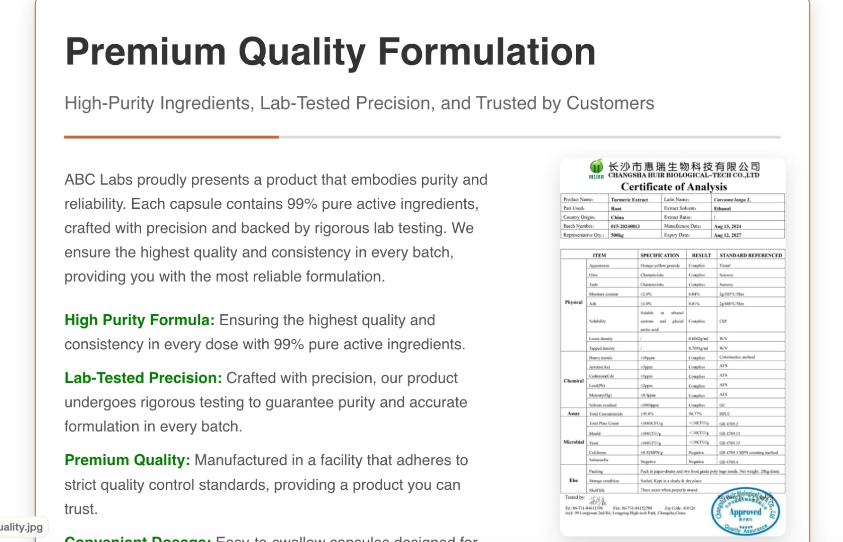 ABC Labs Amazon listing showing Chinese Certificate of Analysis from Changsha Huir Biological-Tech, Country Origin: China