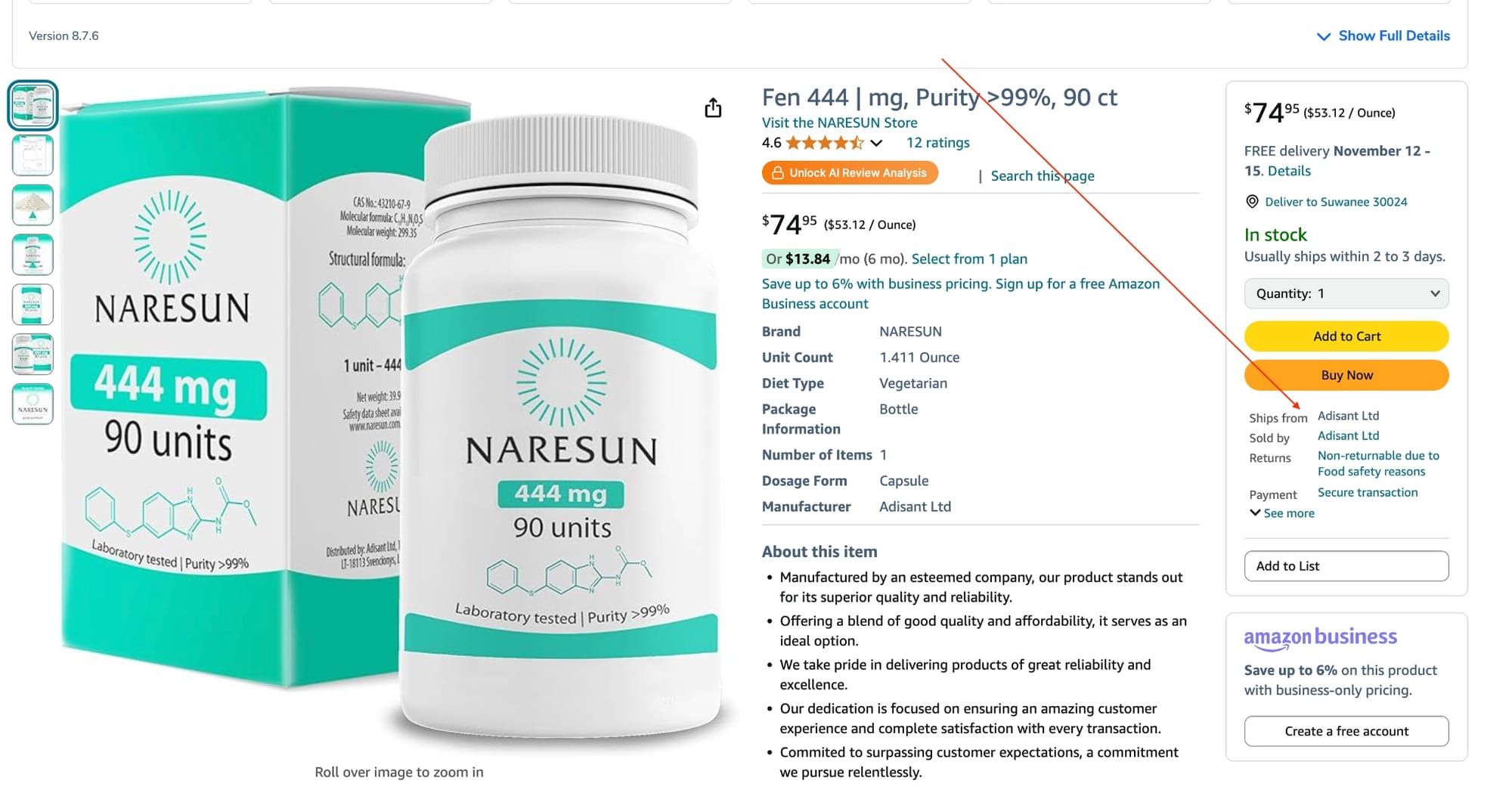 Certificates of Analysis comparison — Naresun and Fenzol issued by same company Adisant Ltd