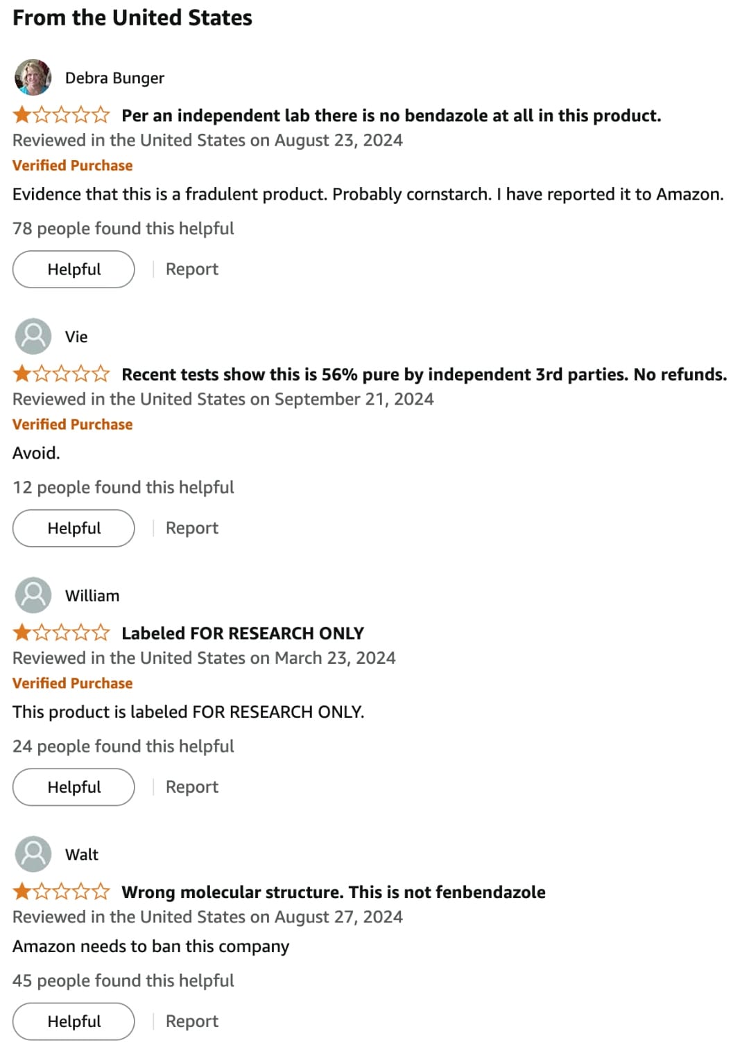 Bendazole Lab Amazon reviews — no fenbendazole found, 56% purity, wrong molecular structure
