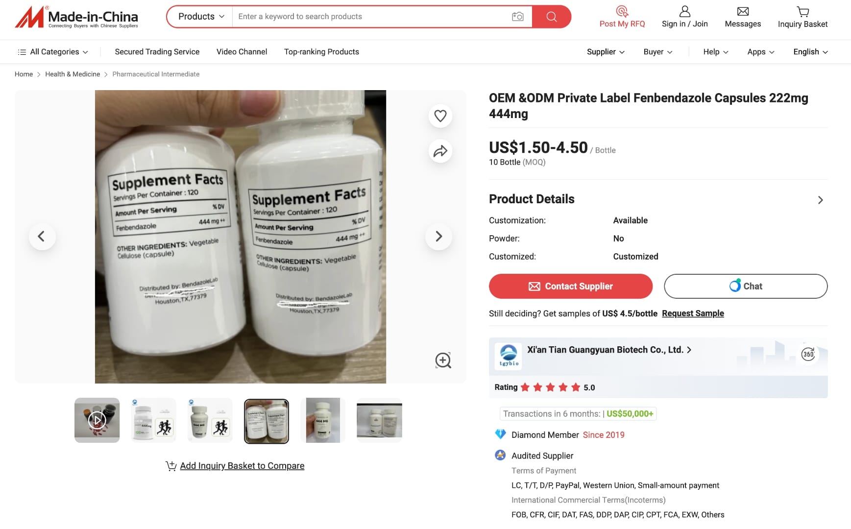 Made-in-China listing — OEM Private Label Fenbendazole with BendazoleLab branding, $1.50-4.50/bottle