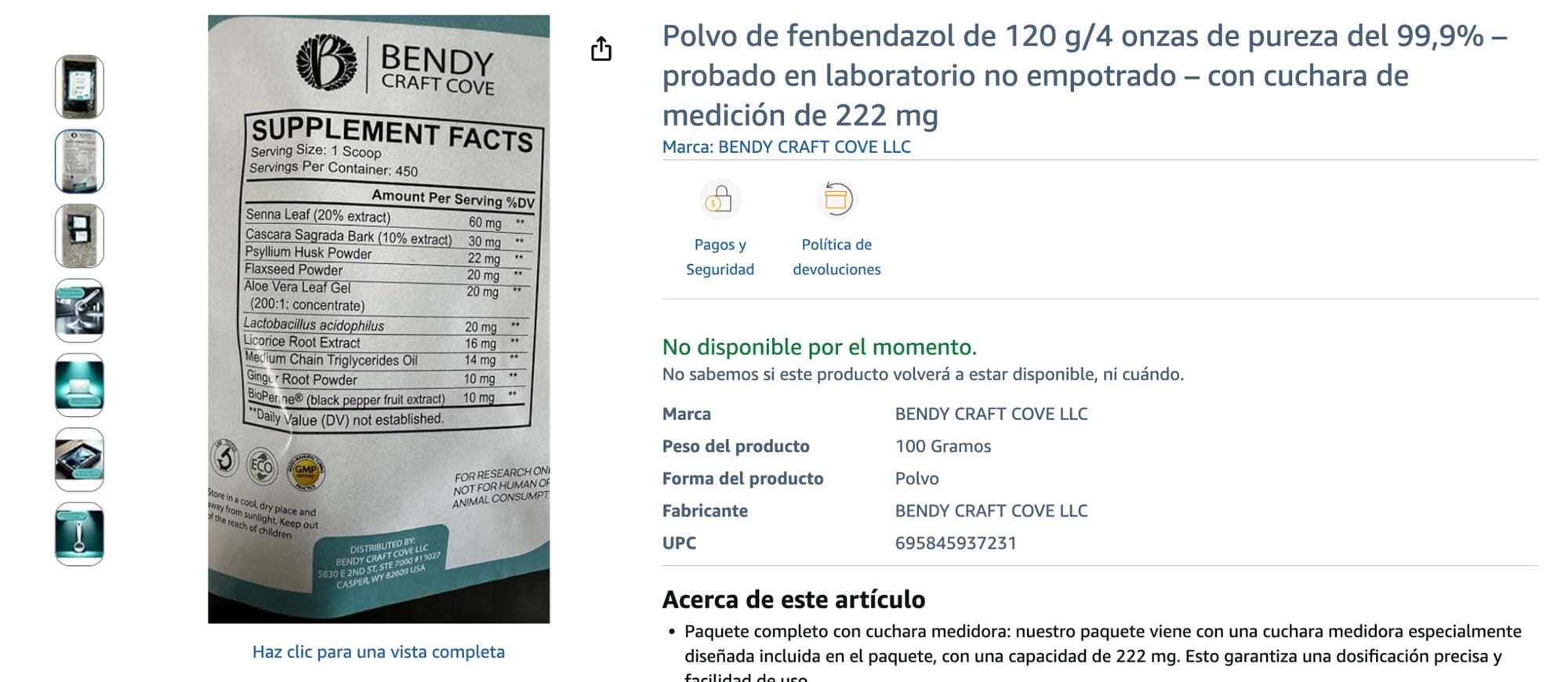 Amazon listing showing Bendy Craft Cove selling herbal powder mix, not fenbendazole