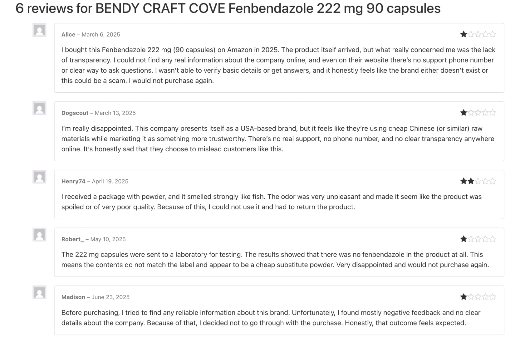 Bendy Craft Cove negative reviews — no fenbendazole found in lab tests