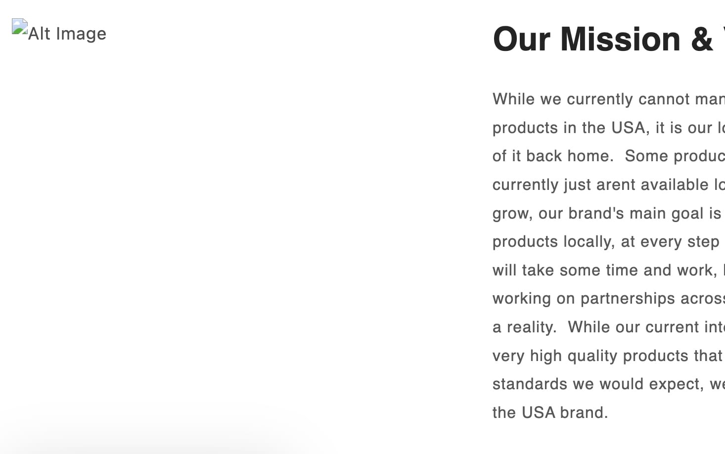 BP Life website — broken Alt Image placeholder, generic mission text about USA manufacturing goals
