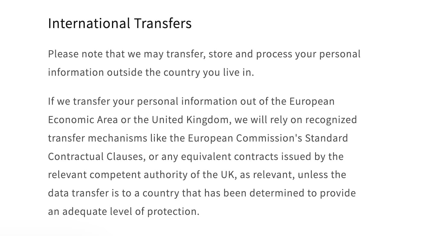 BP Life Privacy Policy — International Transfers section referencing European Economic Area and UK