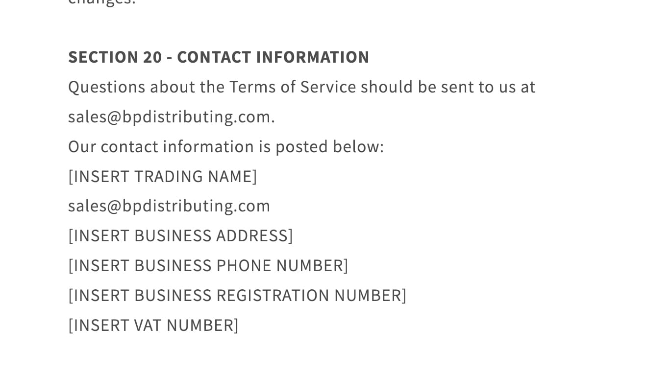 BP Life Terms Section 20 — all fields show INSERT placeholder text, no real contact info