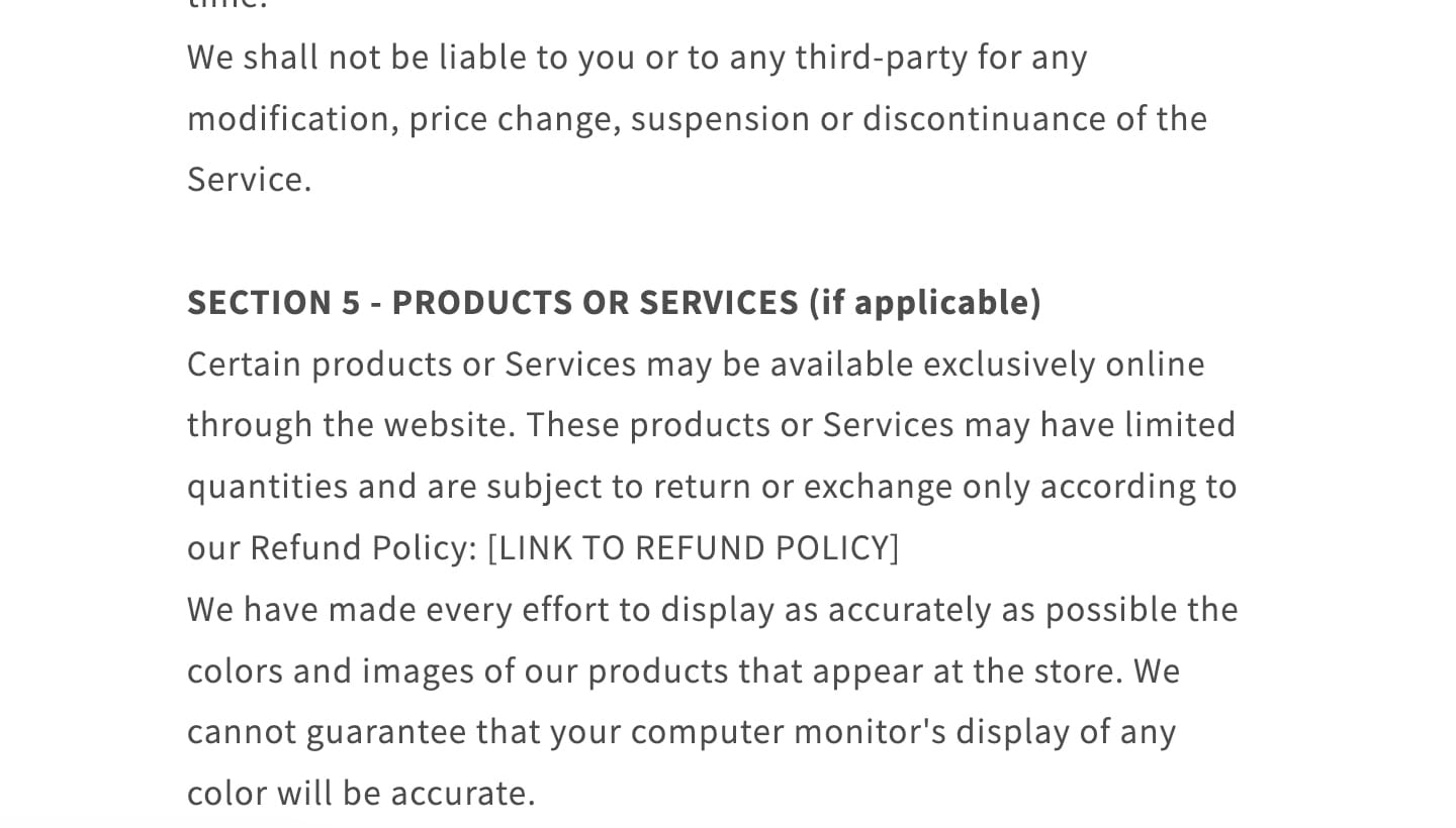 BP Life Terms Section 5 — LINK TO REFUND POLICY placeholder, generic template text