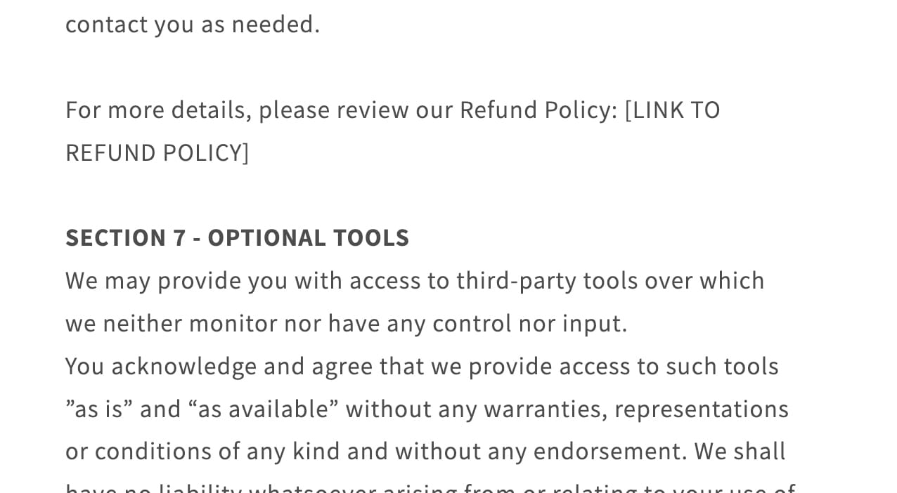 BP Life Terms — LINK TO REFUND POLICY placeholder unfilled