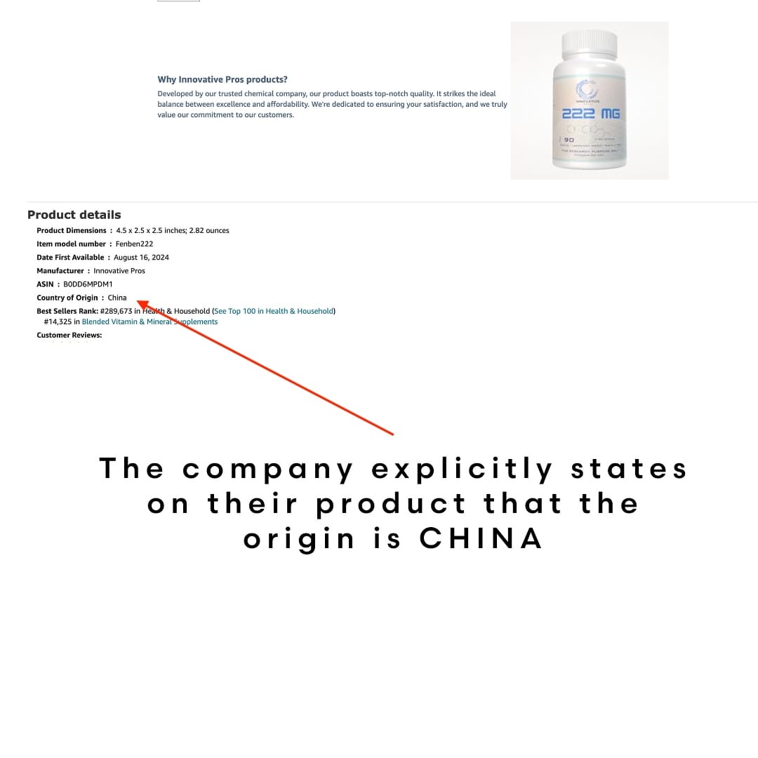 Amazon product details showing China as country of origin for Innovative Pros Fenbendazole
