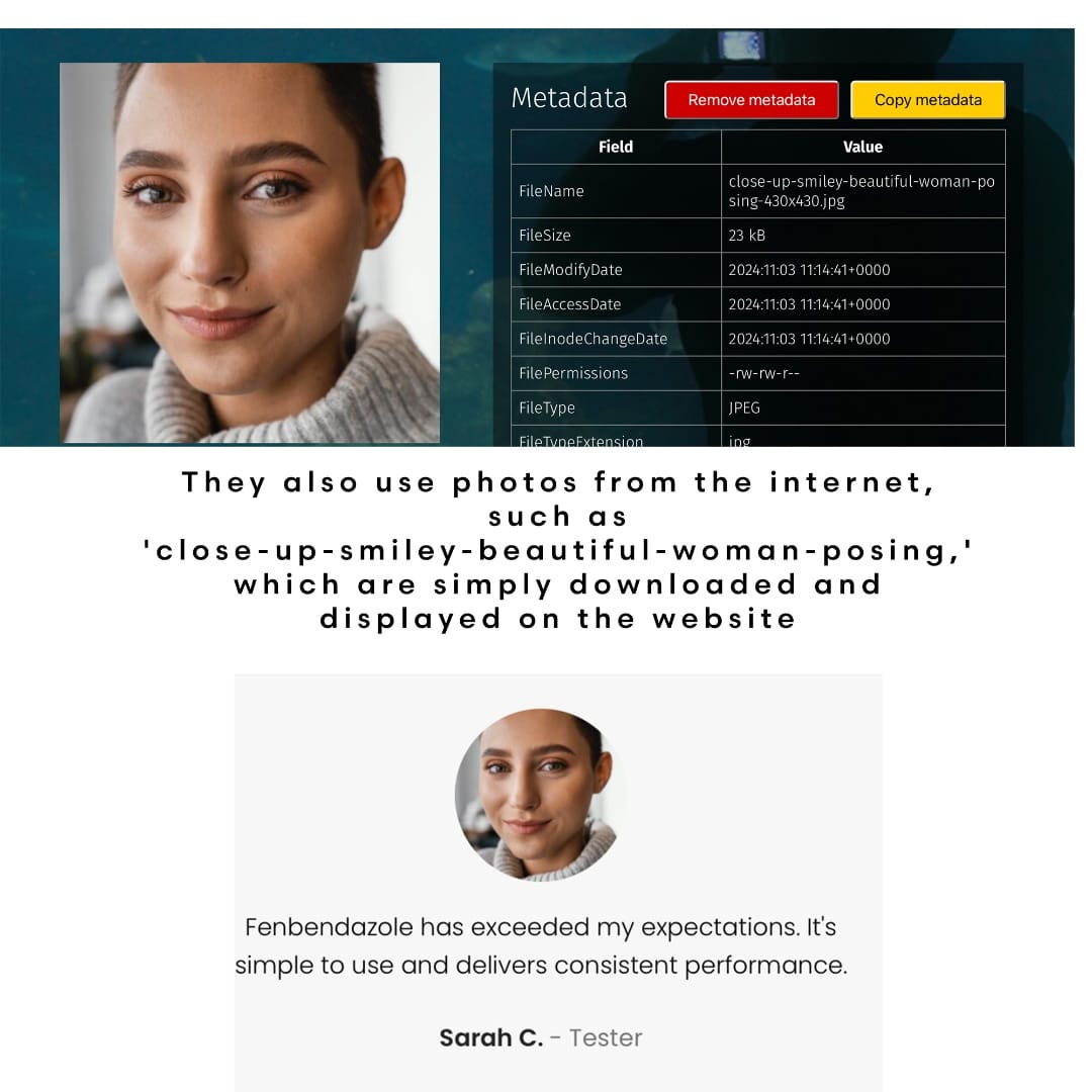 Curer Lab fake testimonial — image metadata reveals stock photo filename close-up-smiley-beautiful-woman-posing