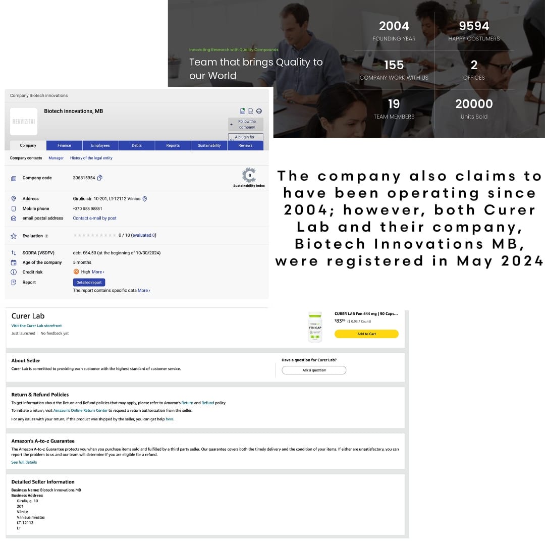 Lithuanian business registry showing Curer Lab / Biotech Innovations MB founded May 2024, age 5 months, high credit risk