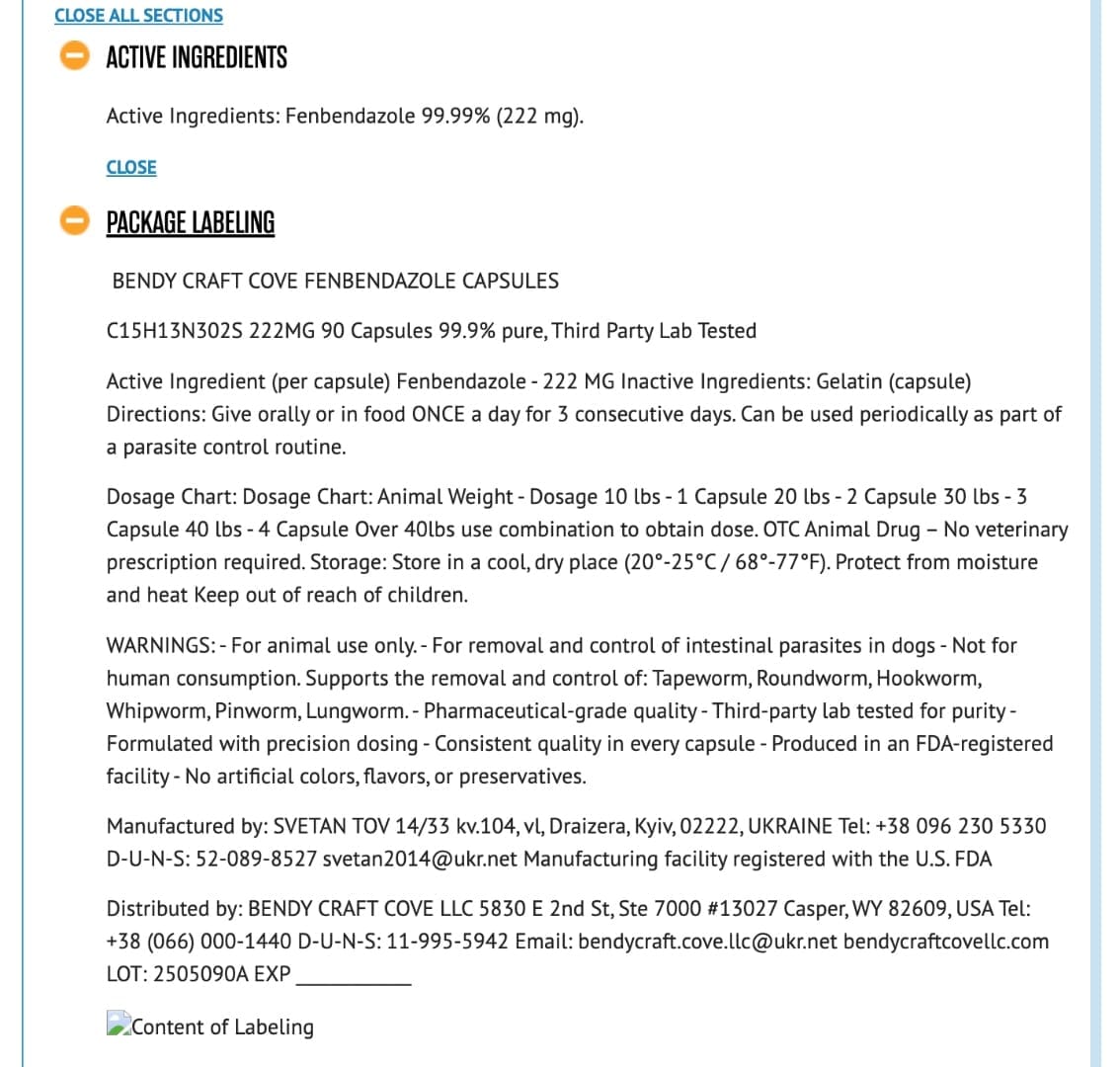 FDA labeling showing SVETAN TOV manufacturer in Kyiv Ukraine