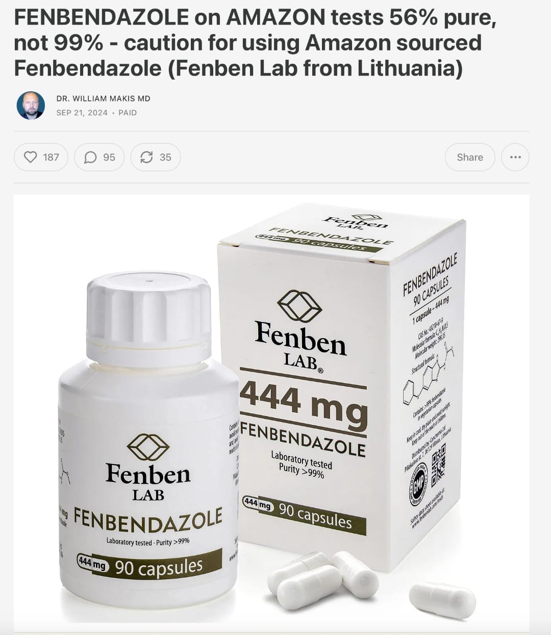 Dr. William Makis MD — Fenbendazole on Amazon tests 56% pure, not 99%