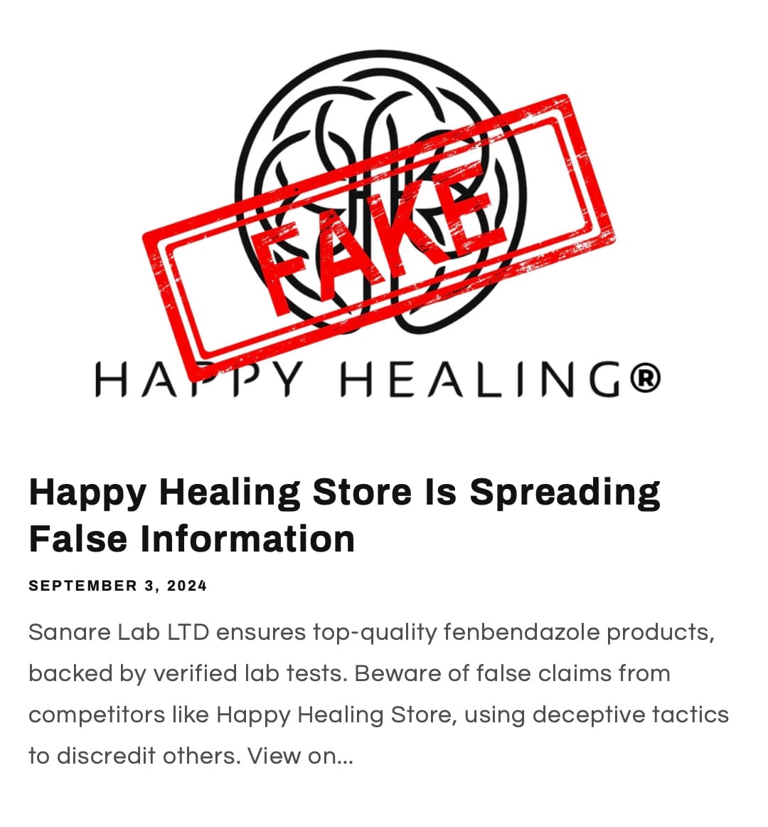 Fenben Lab blog post attacking Happy Healing Store — FAKE stamp