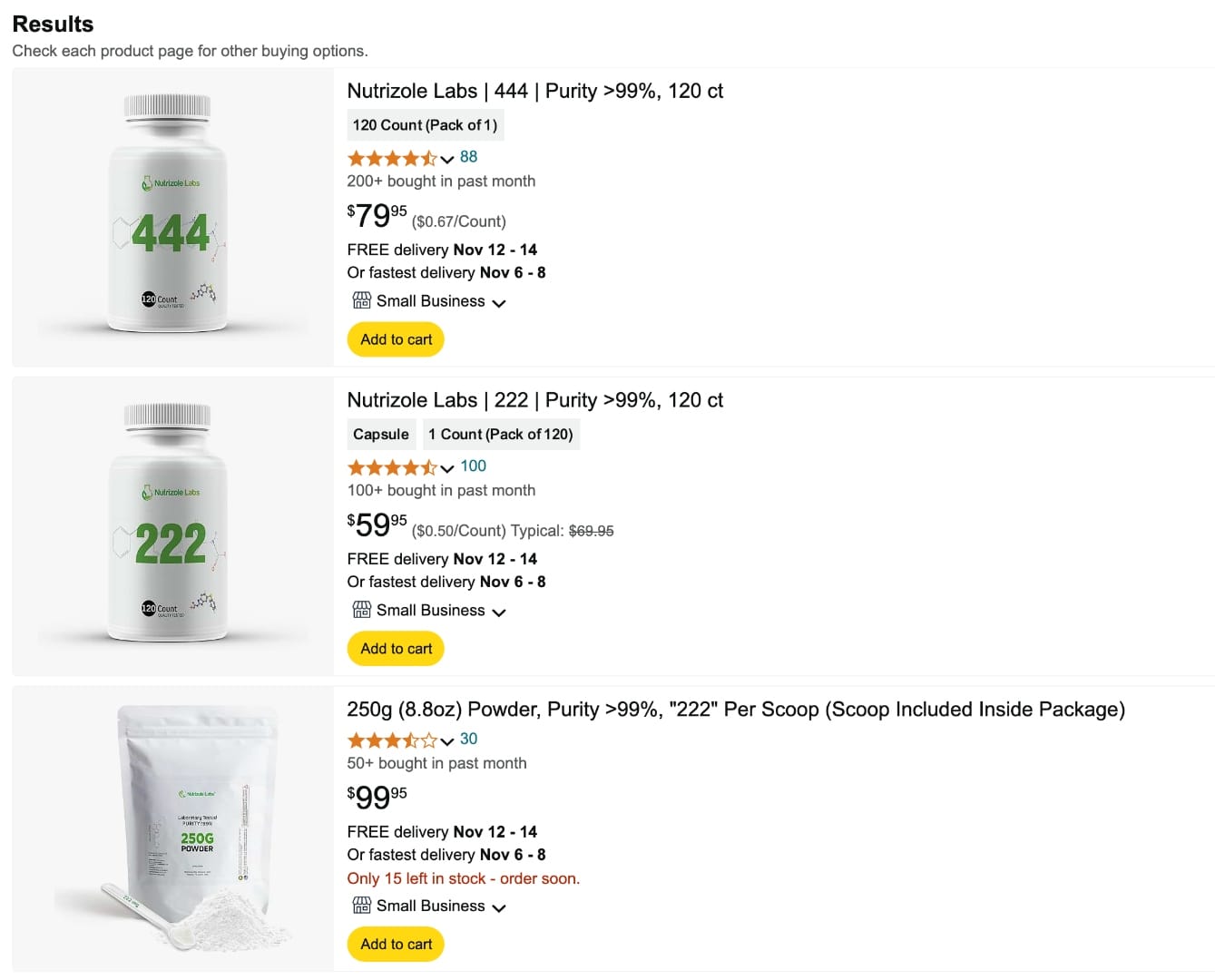 Nutrizole Labs fenbendazole products on Amazon — 222mg, 444mg capsules and powder