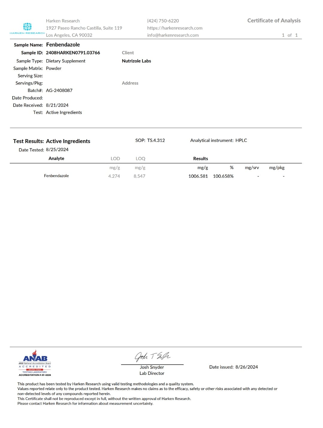 Nutrizole Labs Certificate of Analysis — Harken Research, ANSI accredited, 100.658% purity HPLC