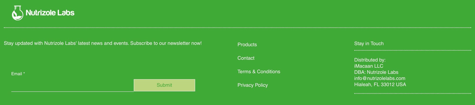 Nutrizole Labs website footer — iMacaan LLC, DBA Nutrizole Labs, Hialeah FL