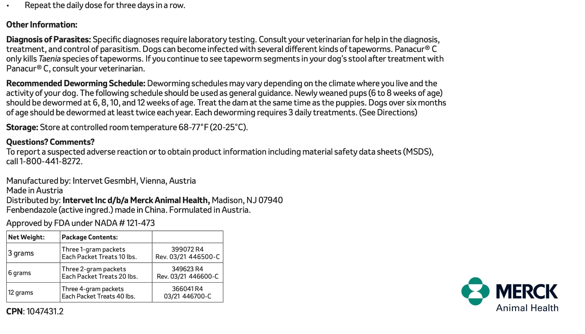 Merck Animal Health label: Fenbendazole made in China, Formulated in Austria