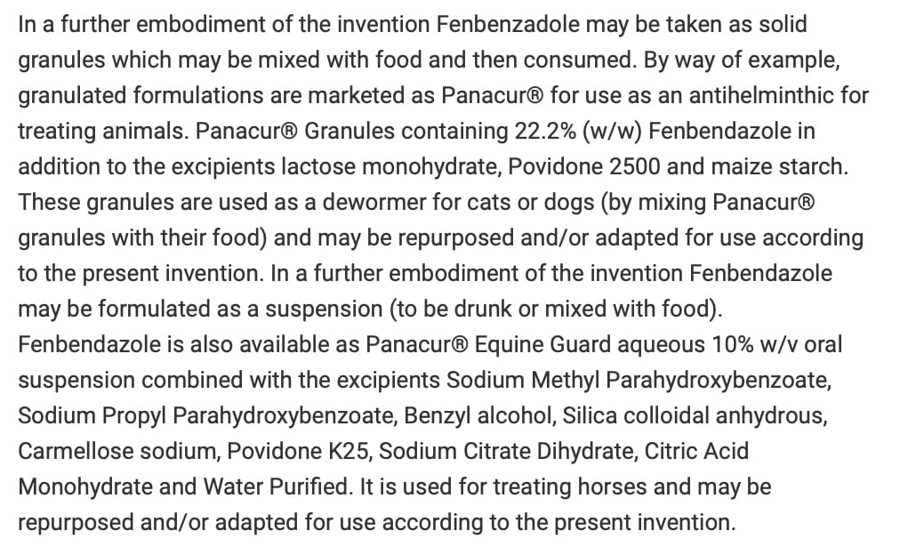US Patent documentation confirming Panacur excipients composition